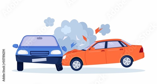 Car crash on the road. Red and blue cars are broken in the city. Road traffic accident. Smashed cars on highway. Collision of vehicles. Automobiles damaged. Vector design