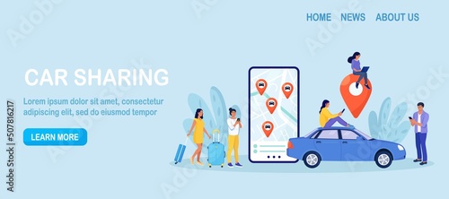 Person use autonomous online car sharing service. Man near smartphone screen with route and points location of car on city map. Online ordering taxi, rent auto. Group of people sharing auto. Vector