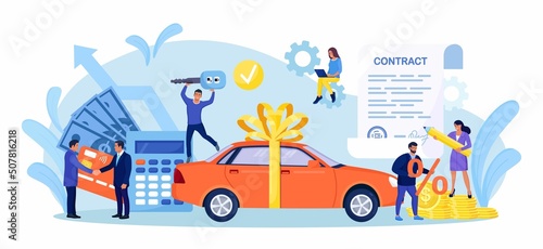 Buying new car. Rent auto, carsharing. Businessmen signing contract for car leasing and shaking hands. Bank loan agreement, property insurance. Agent selling vehicle to customer. Vector design