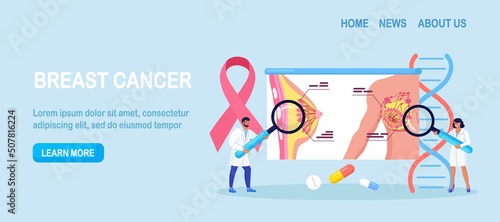 Breast screening and mammography, diagnostic of oncology. Mammologist doctor diagnose breast cancer with magnify. Pink ribbon. Healthcare and medical examination. Vector design