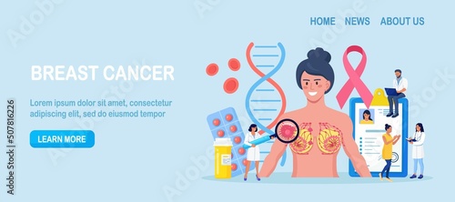 Breast cancer. Doctor Mammologist consult woman patient. Breast ultrasound and mammography, diagnostic of oncology. Examination in the clinic, medical diagnosis. Vector design