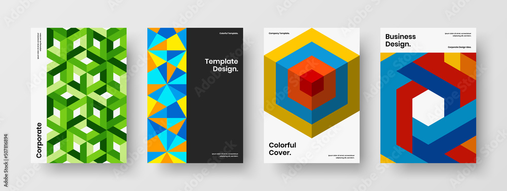 Bright mosaic pattern company brochure template collection. Simple catalog cover A4 vector design illustration bundle.