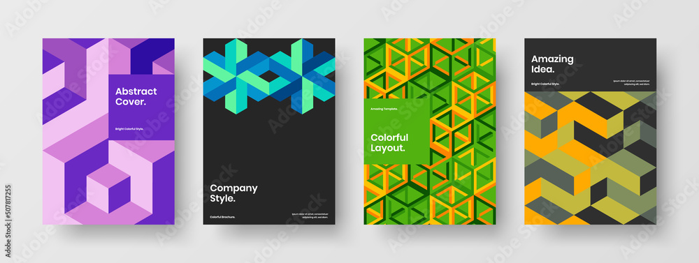 Isolated mosaic hexagons journal cover concept set. Clean corporate identity design vector template collection.