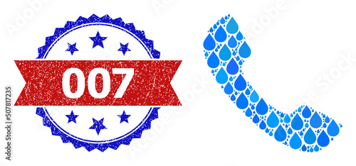 Vector mosaic phone receiver, and bicolor grunge 007 seal stamp. Phone receiver collage for clean water advertisement. Phone receiver is created with blue pure aqua dews.