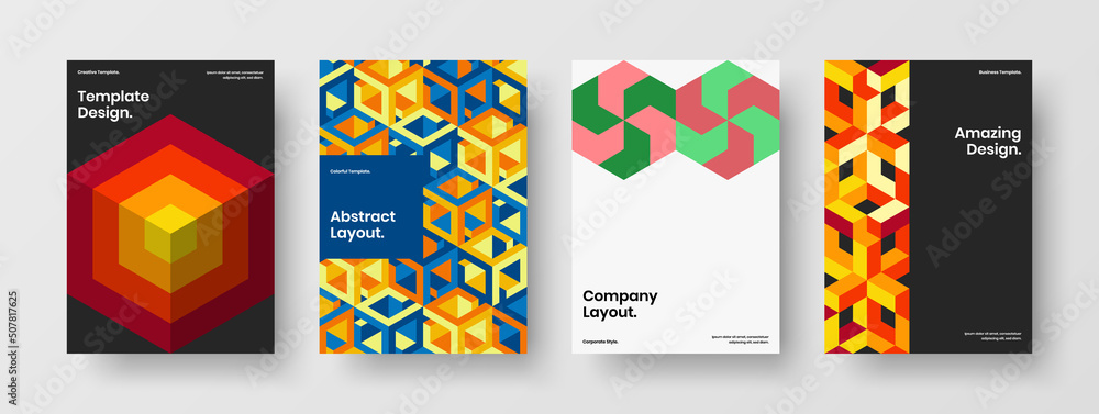 Premium mosaic hexagons pamphlet concept collection. Vivid book cover design vector illustration set.