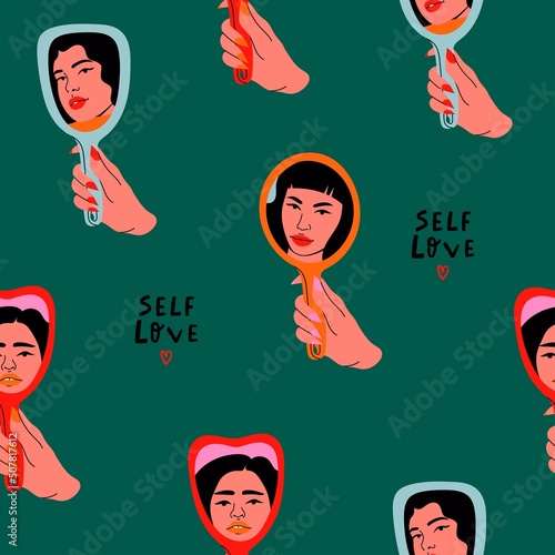 Woman's hand holding mirror reflexing her beautiful face. Lady staring at herself in mirror reflection. Hand drawn Vector illustration. Cartoon flat style. Square seamless Pattern