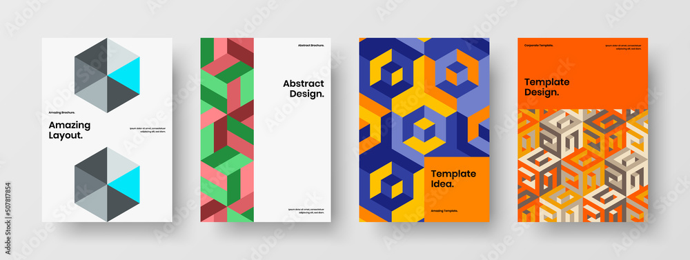 Clean geometric pattern annual report template set. Colorful book cover A4 vector design layout collection.