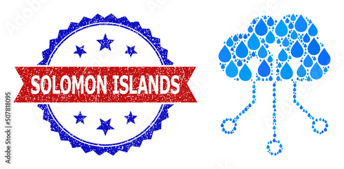 Vector mosaic cloud network, and bicolor rubber Solomon Islands seal stamp. Cloud network mosaic for pure water advertisement. Cloud network is composed with blue clear water dews.