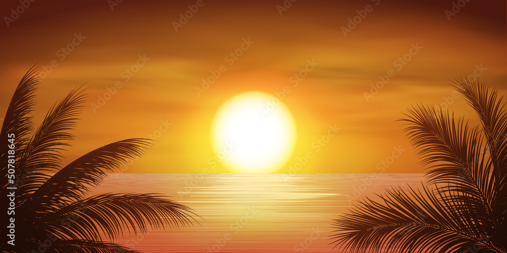 beautiful sea at sunset with coconut tree - obrazy, fototapety, plakaty 