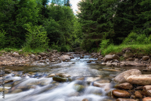 Summer in the Carpathian mountains. Scenic view of the mountain creek with st...