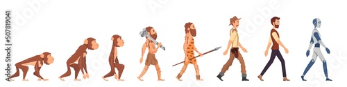 Human evolution. Apes human, people ancestor and development process. Flat early-man, cartoon business guy and robot. Progression stages, decent vector characters photo