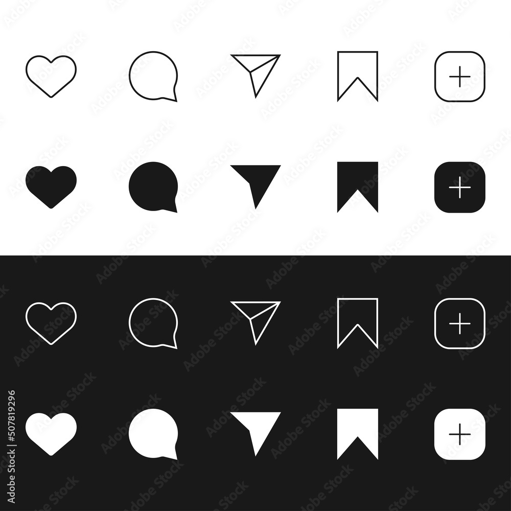 Like, comment, share, save, add icon set. White and dark theme. Social ...