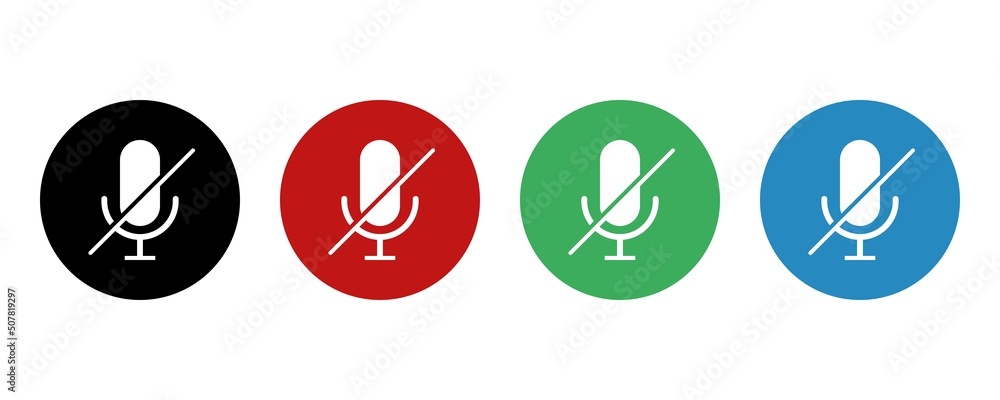 Mute microphone icon set in different colors. Microphone disabled button. Mute, unmute micro. Vector illustration.