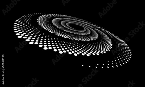 Perspective view to abstract halftone dotted circle. Spiral universe concept.