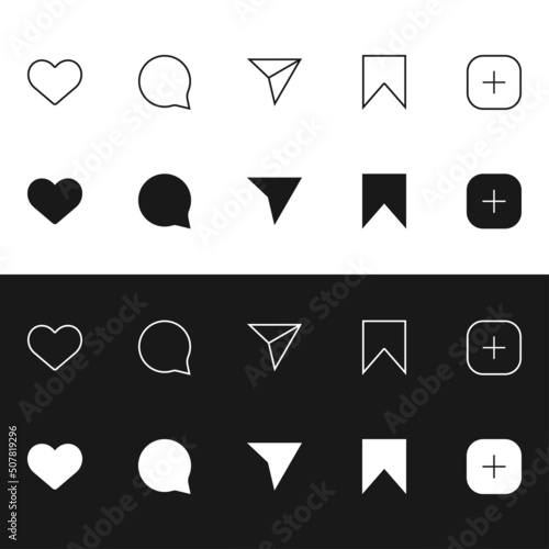 Like, comment, share, save, add icon set. White and dark theme. Social media signs collection. Vector illustration.