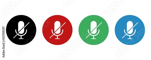 Mute microphone icon set in different colors. Microphone disabled button. Mute, unmute micro. Vector illustration.
