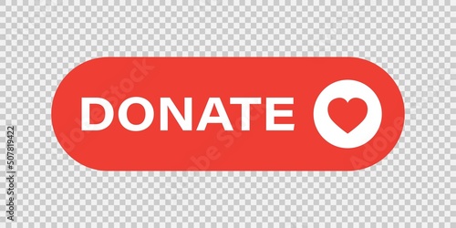 Donate button help icon on transparent. Web concept. Red button with red heart symbol. Vector illustration.
