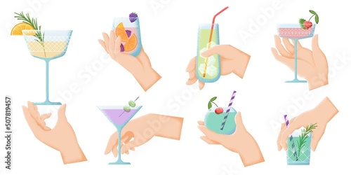 Hand with cocktail. Hands holding drink glass, alcoholic party cocktails. Isolated summer swanky cold beverages with fruits and berries vector set