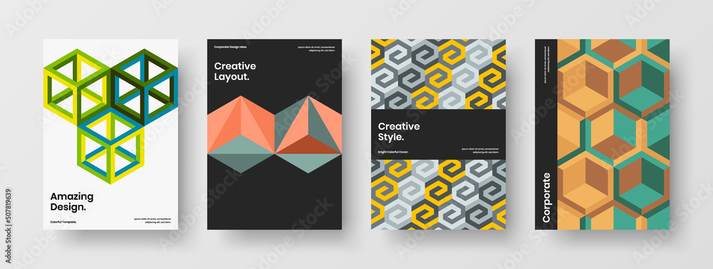 Colorful geometric pattern corporate cover illustration bundle. Clean banner design vector layout collection.