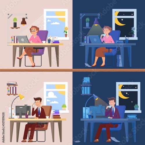 Work day and night. Tired and exhausted woman and man. Late working with computer, deadline time. Busy people, decent workers vector characters