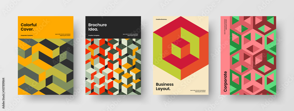 Isolated booklet vector design layout set. Multicolored mosaic shapes company cover illustration composition.