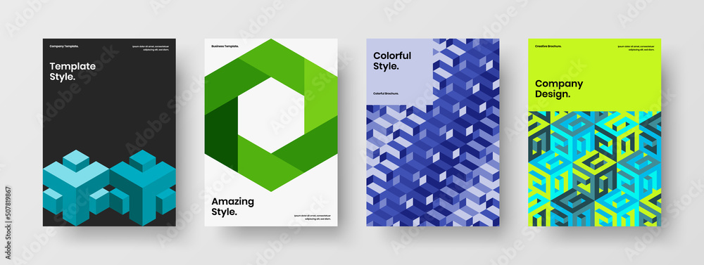 Clean magazine cover vector design template collection. Colorful mosaic shapes presentation layout set.