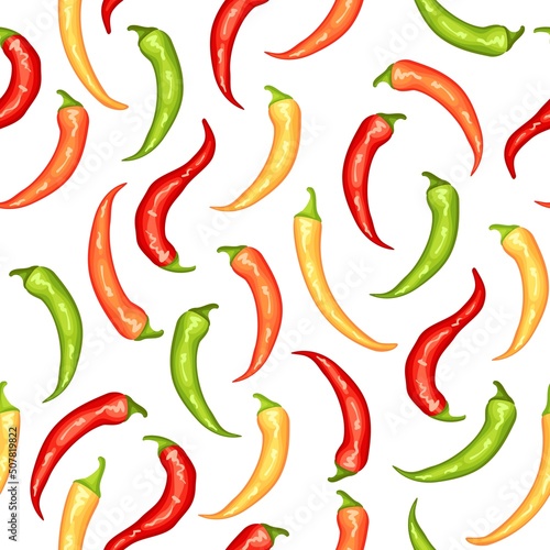 Pepper seamless pattern. Spicy vegetables, green red orange hot chili peppers background. Fresh cooking, organic raw food, neat vector print