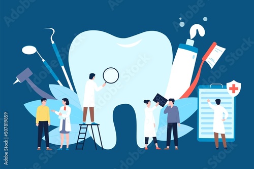 Stomatology doctors treat. Dentist support health teeth, orthodontics checkup concept. Dental healthcare, tooth care in clinic and caries treatment recent vector scene