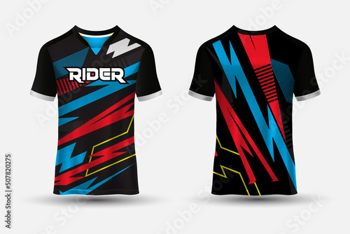 Blue and red abstract jersey suitable for racing, soccer, gaming, motocross, gaming, cycling.