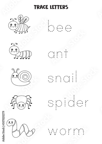 Trace words. Educational game for kids. Cute insects.