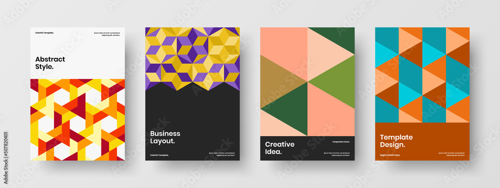 Vivid corporate brochure vector design layout set. Fresh mosaic pattern journal cover illustration collection.