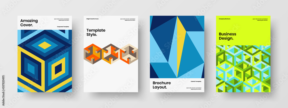 Multicolored geometric shapes company brochure template bundle. Creative book cover A4 design vector illustration composition.