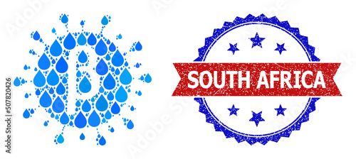 Vector mosaic Beta covid virus, and bicolor grunge South Africa seal stamp. Beta covid virus mosaic for clean beverage ads. Beta covid virus is created with blue drinking liquid drops.