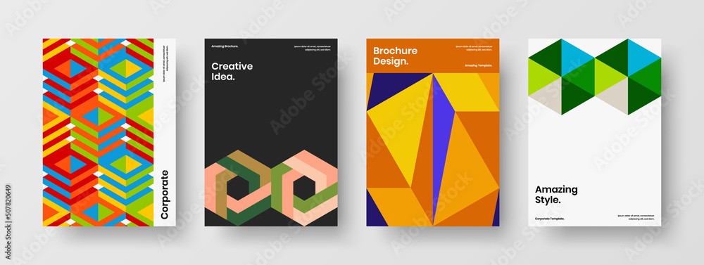 Modern geometric tiles presentation template bundle. Colorful book cover vector design illustration set.