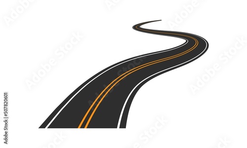 Highway with sharp turn. Blank black asphalt road and yellow markings with curves. Complicated journey with constant attention and vector concentration