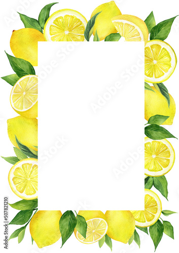 Watercolor lemon frame. Yellow tropical fruits and leaves composition. Border isolated on white background. Hand painted botanical illustration. Trend home decor.