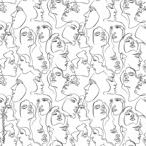 One line face seamless pattern. Abstract woman and man faces. White background