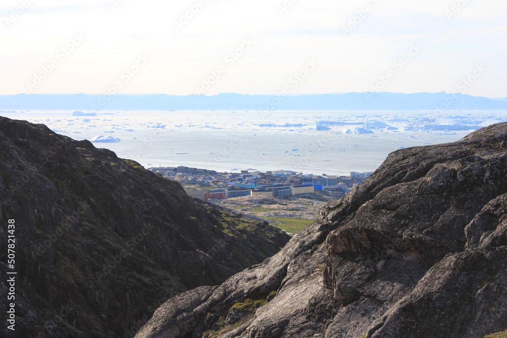 Scenic view on Ilulissat with icebergs in Disko bay (horizontal), Ilulissat, Greenland