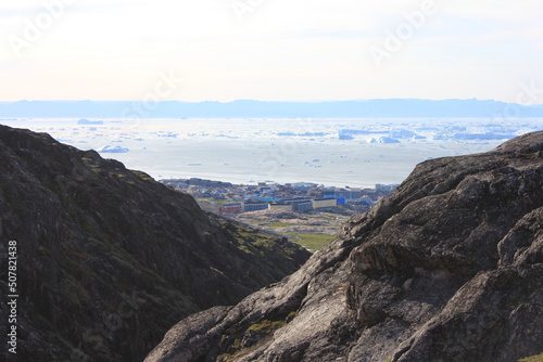 Scenic view on Ilulissat with icebergs in Disko bay (horizontal), Ilulissat, Greenland