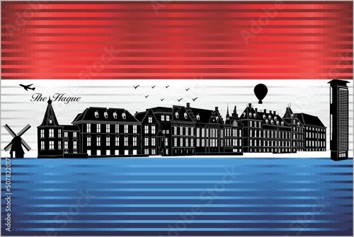 The Hague city skyline with flag of Netherlands on background - illustration, 
Shiny Grunge flag of the Netherlands