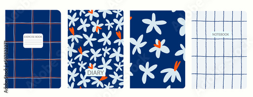 Set of cover page templates based on patterns with anemone, poppy flowers in Ditzy style and gridlines. Backgrounds for notebooks, notepads, diaries. Headers isolated and replaceable