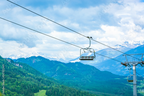 View from the high seat of the cable car against the backdrop of green hills and a cloudy sky