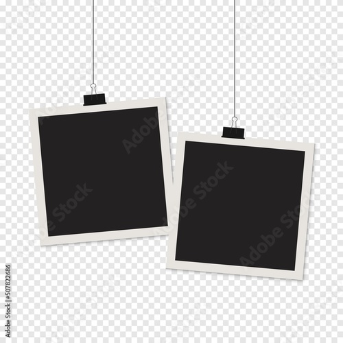 Vector photo card on the thread, mockup design with shadow on transparent background. Vector illustration.
