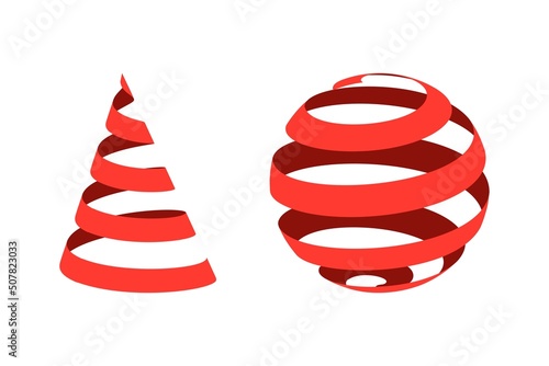 Set of 3D ribbons, curl in the center of the sphere and cone. Vector illustration.