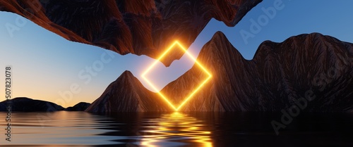 Fotografiet 3d rendering, seascape with cliffs, water and yellow neon square geometric shape