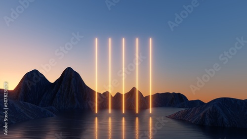 Wallpaper Mural 3d rendering. Abstract wallpaper with sunset or sunrise and vertical neon glowing lines. Mystic landscape with rocks and reflection in water Torontodigital.ca