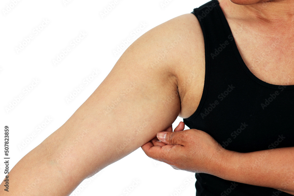 Fototapeta premium Fat Woman overweight obese showing arm fat, weight loss problem concept isolated on white background