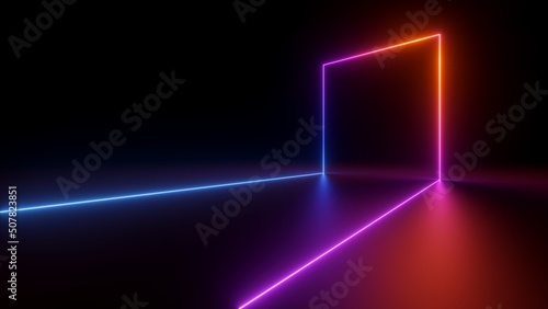 3d render, abstract geometric line glowing with colorful neon light over black background