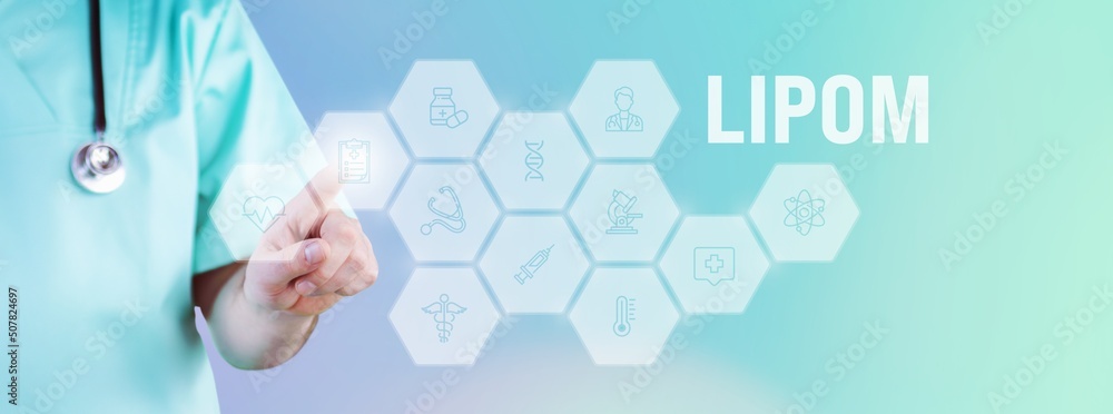 Lipom. Männlicher Arzt zeigt mit Finger auf digitales Hologramm aus Icons. Text mit medizinischen Begriff. Konzept für Digitalisierung in der Medizin Lipom. Männlicher Arzt zeigt mit Finger auf digitales Hologramm aus Icons. Text mit medizinischen Begriff. Konzept für Digitalisierung in der Medizin