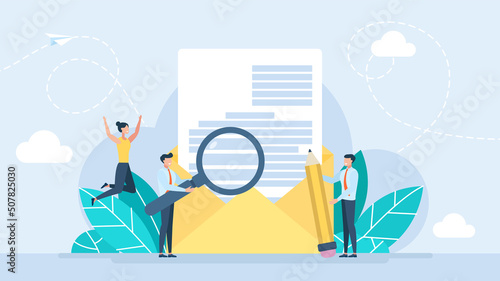 Tiny characters receive an envelope with a letter. Open envelope with document. Correspondence. Email message, office paper and mail delivery. New incoming message, sms, spam. Vector illustration